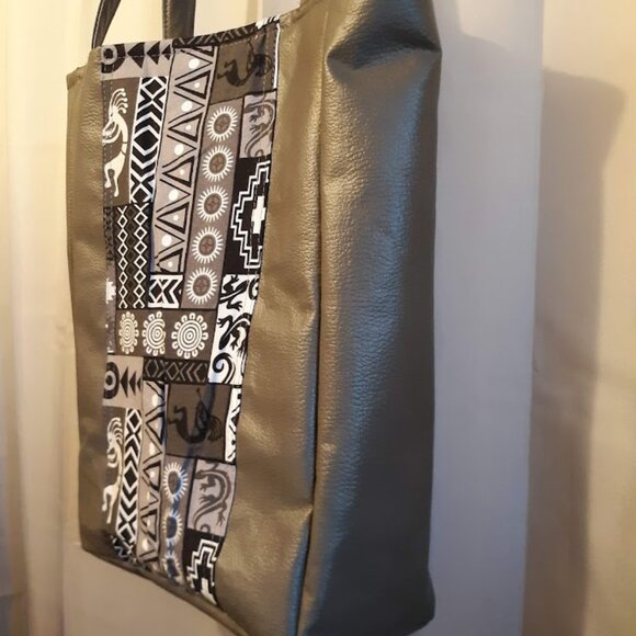 New Southwestern Kokopelli Tote Shopper shoulder Bag Gray Double handle Carryall - Picture 5 of 11